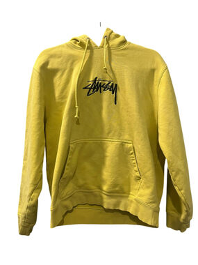 Stussy Stock Logo Embroidered Hoodie Yellow Size M Modern Streetwear Pullover
